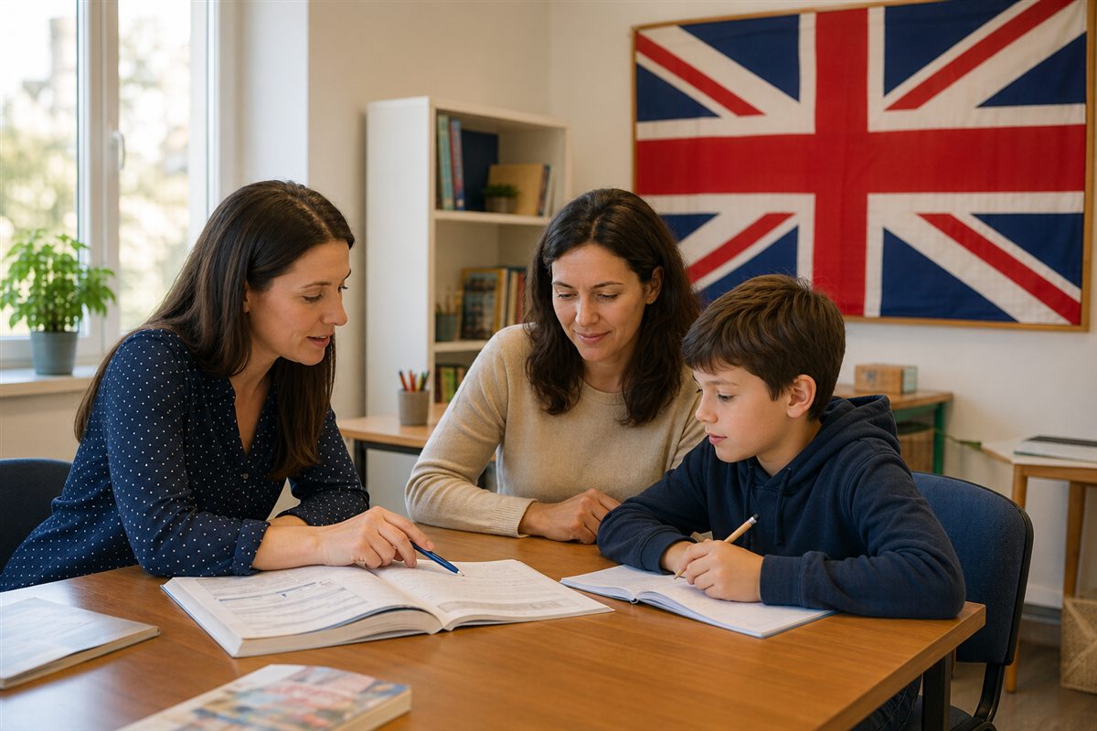 Madre e bambino imparano inglese in presenza con insegnante donna e bandiera del Regno Unito