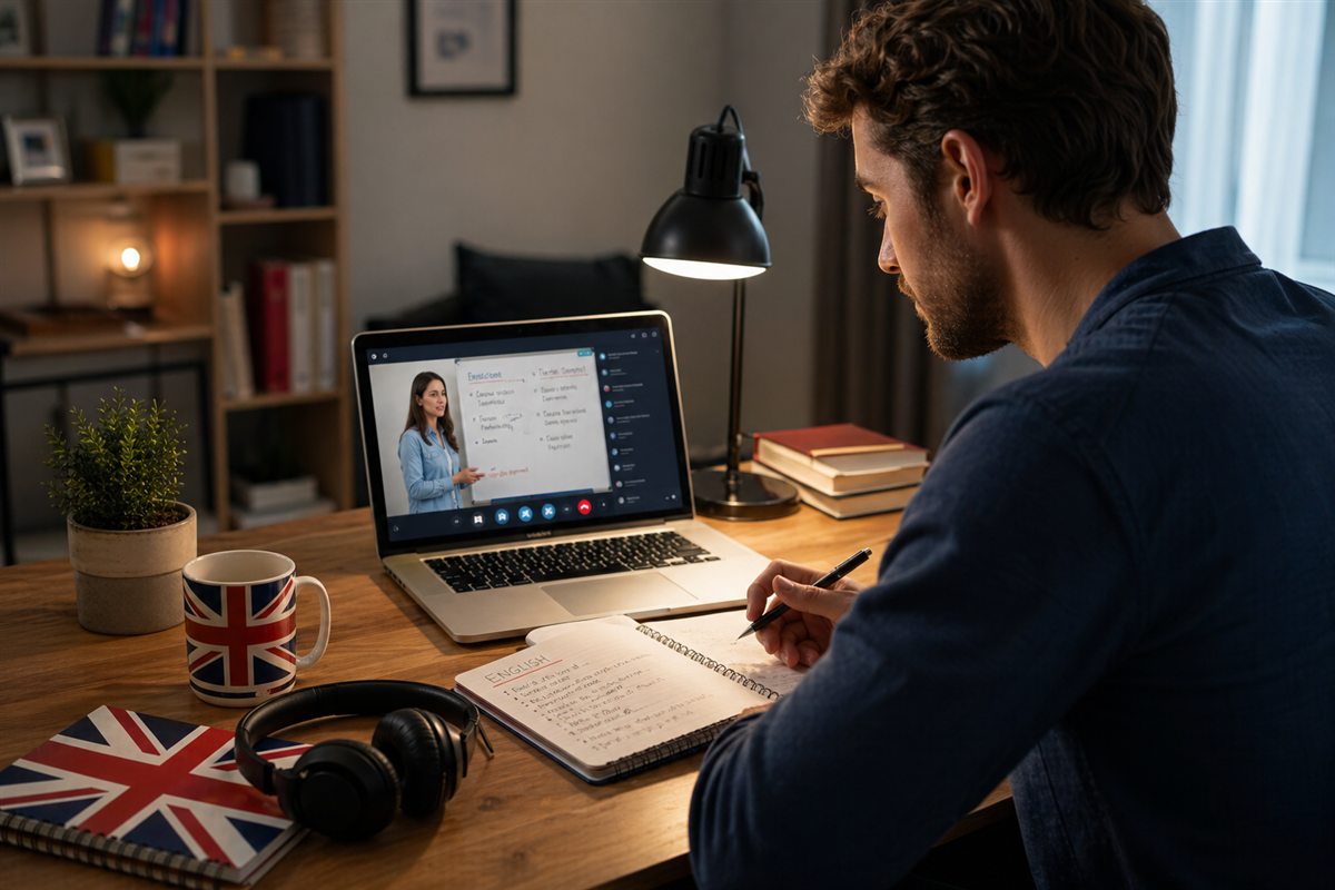 Uomo che studia inglese online con laptop, quaderno e dettagli del Regno Unito